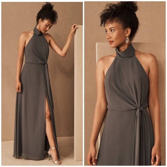NWT Anthropologie BHlDN Jenny Yoo Elliya Maxi Dress Charcoal Gray Womens 2 - Picture 1 of 12